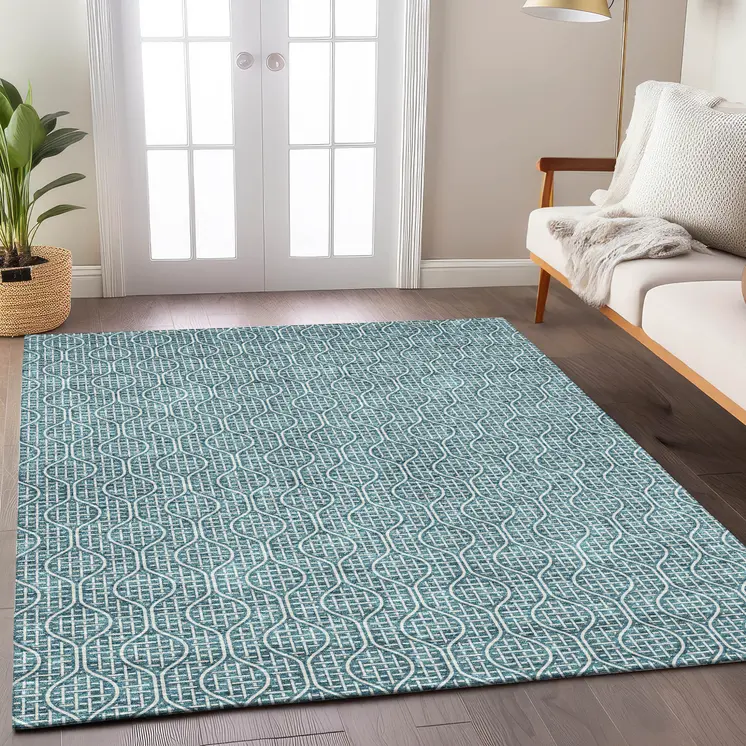 5' X 8' Teal Blue And Ivory Geometric Washable Indoor Outdoor Area Rug