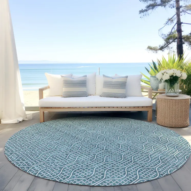 8' Teal Blue And Ivory Round Geometric Washable Indoor Outdoor Area Rug
