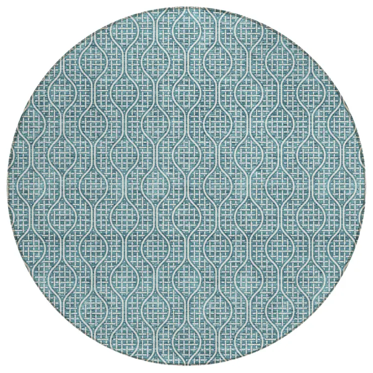 8' Teal Blue And Ivory Round Geometric Washable Indoor Outdoor Area Rug