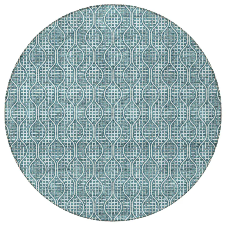 8' Teal Blue And Ivory Round Geometric Washable Indoor Outdoor Area Rug
