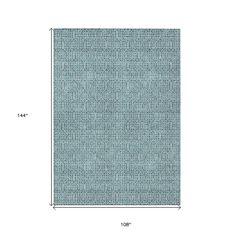 9' X 12' Teal Blue And Ivory Geometric Washable Indoor Outdoor Area Rug