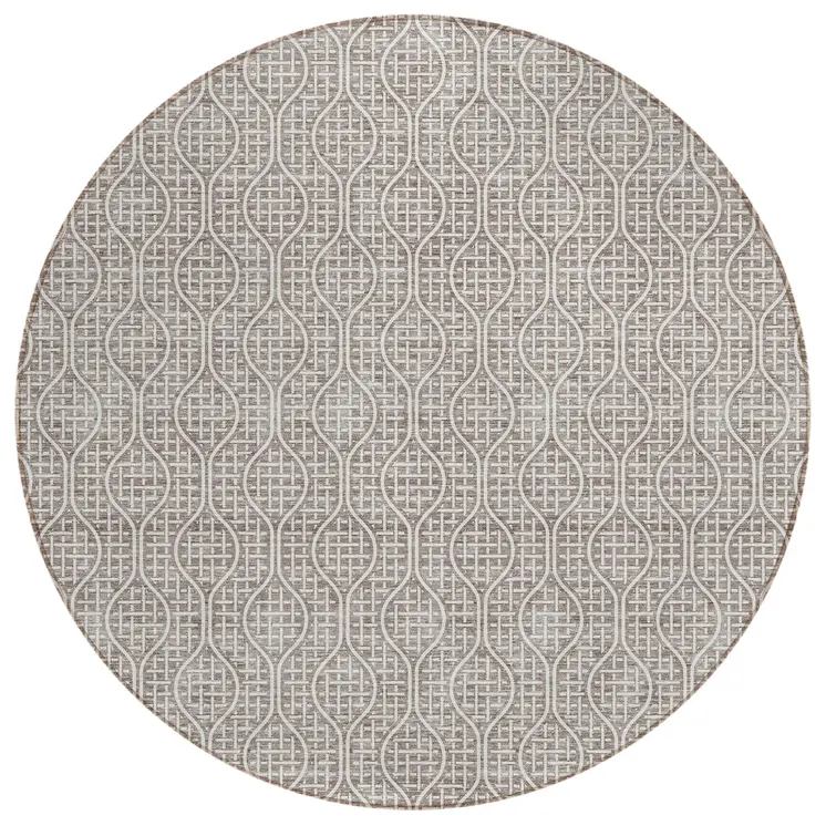8' Taupe And Beige Round Geometric Washable Indoor Outdoor Area Rug