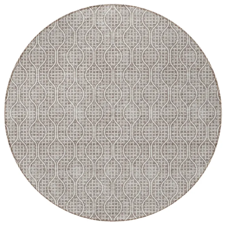 8' Taupe And Beige Round Geometric Washable Indoor Outdoor Area Rug