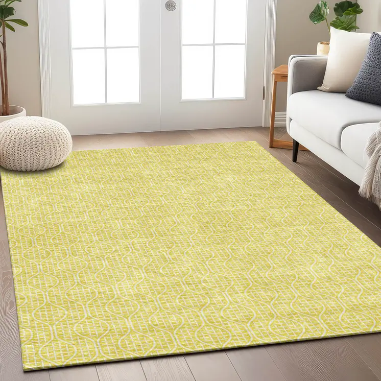 3' X 5' Yellow And Gray Geometric Washable Indoor Outdoor Area Rug