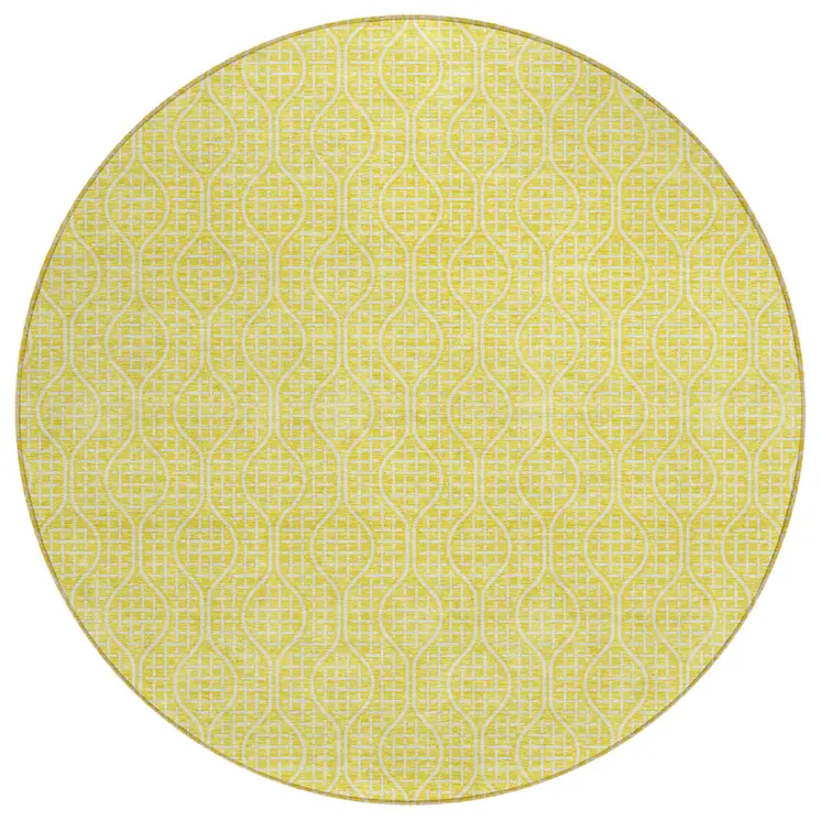 8' Yellow And Gray Round Geometric Washable Indoor Outdoor Area Rug