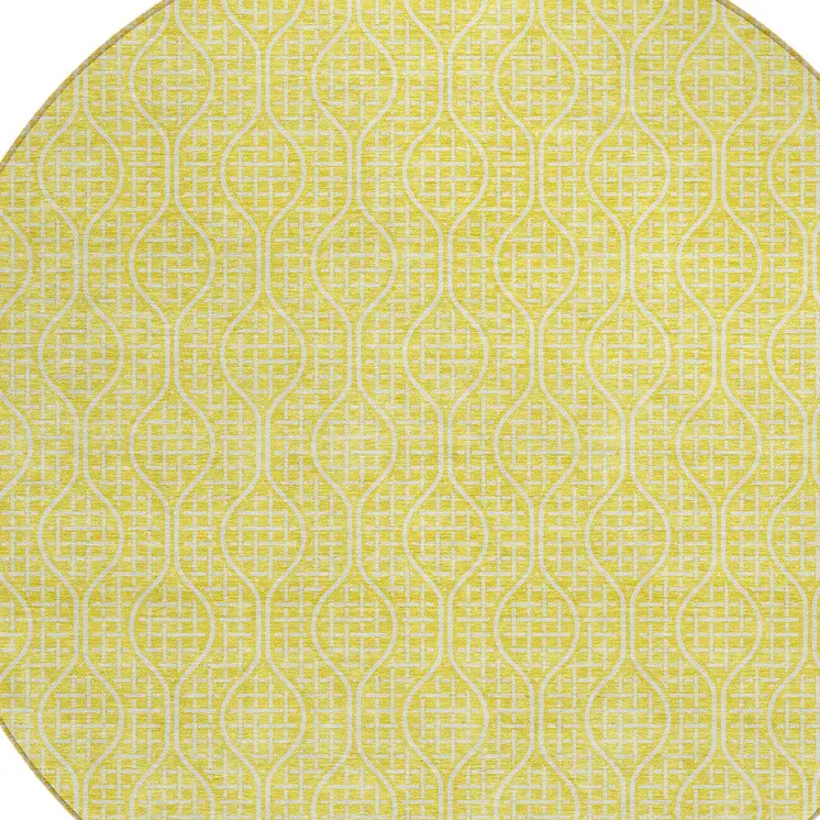 8' Yellow And Gray Round Geometric Washable Indoor Outdoor Area Rug