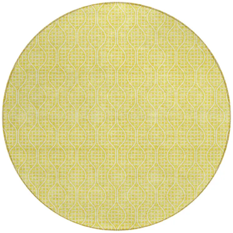 8' Yellow And Gray Round Geometric Washable Indoor Outdoor Area Rug
