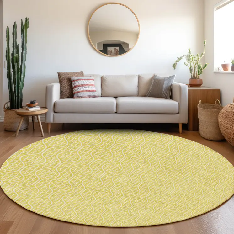 8' Yellow And Gray Round Geometric Washable Indoor Outdoor Area Rug