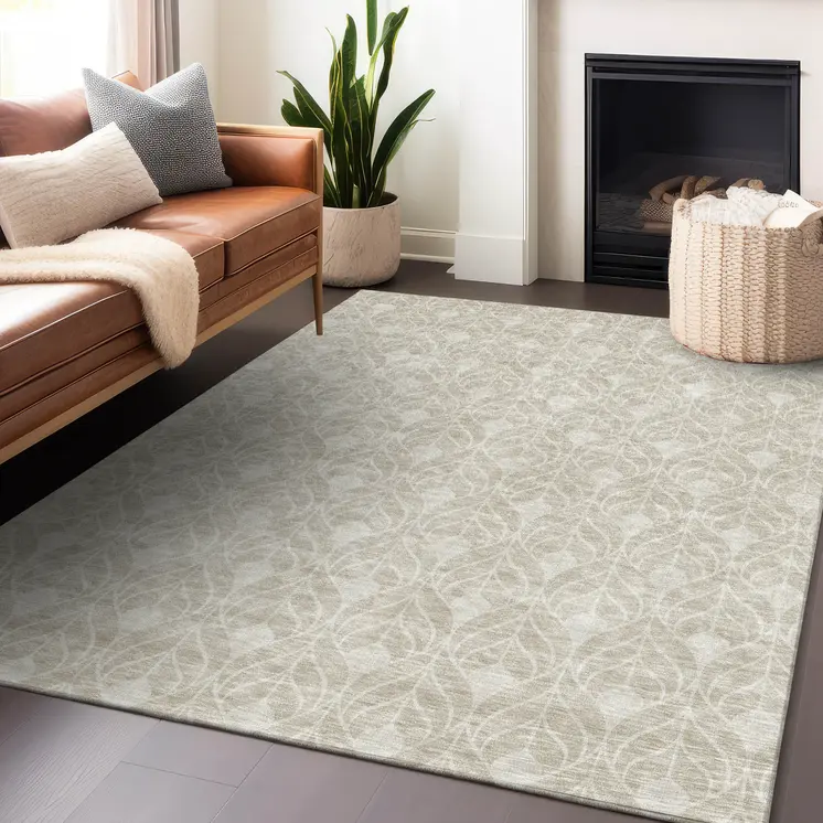 3' X 5' Beige And Ivory Geometric Washable Indoor Outdoor Area Rug