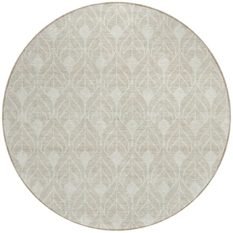 8' Beige And Ivory Round Geometric Washable Indoor Outdoor Area Rug