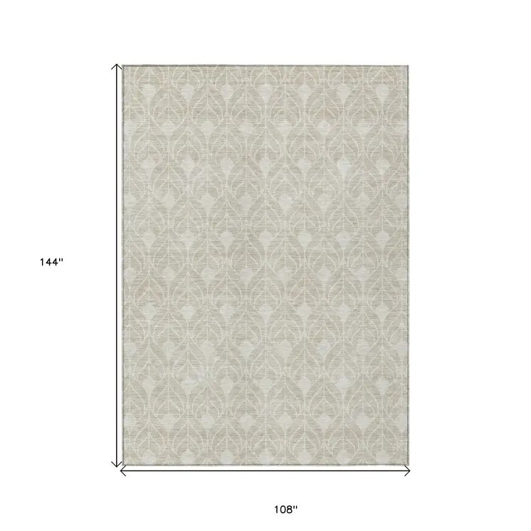 9' X 12' Beige And Ivory Geometric Washable Indoor Outdoor Area Rug