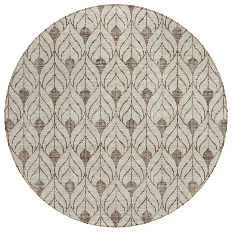 8' Brown And Beige Round Geometric Washable Indoor Outdoor Area Rug