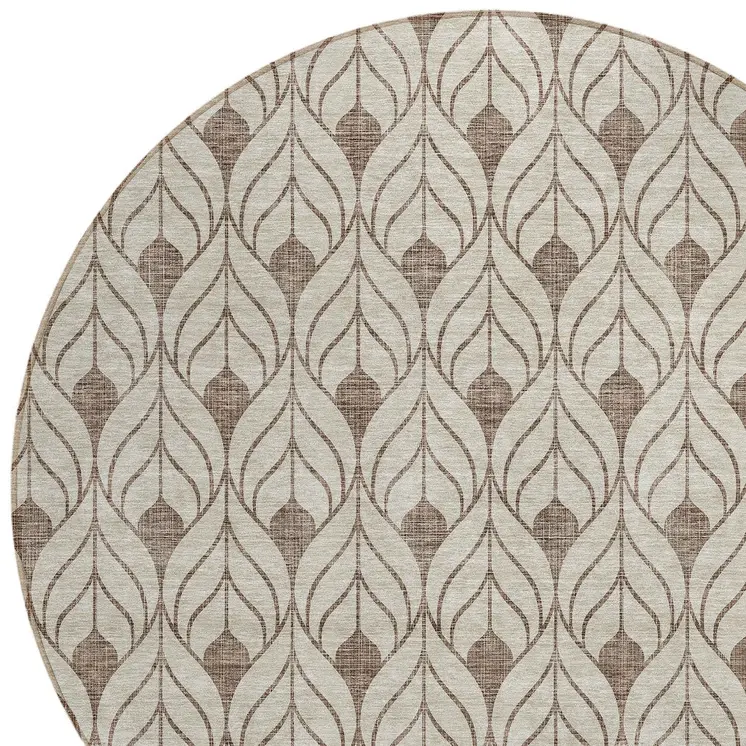 8' Brown And Beige Round Geometric Washable Indoor Outdoor Area Rug