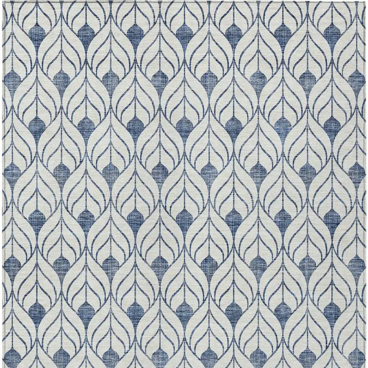 5' X 8' Blue And Ivory Geometric Washable Indoor Outdoor Area Rug
