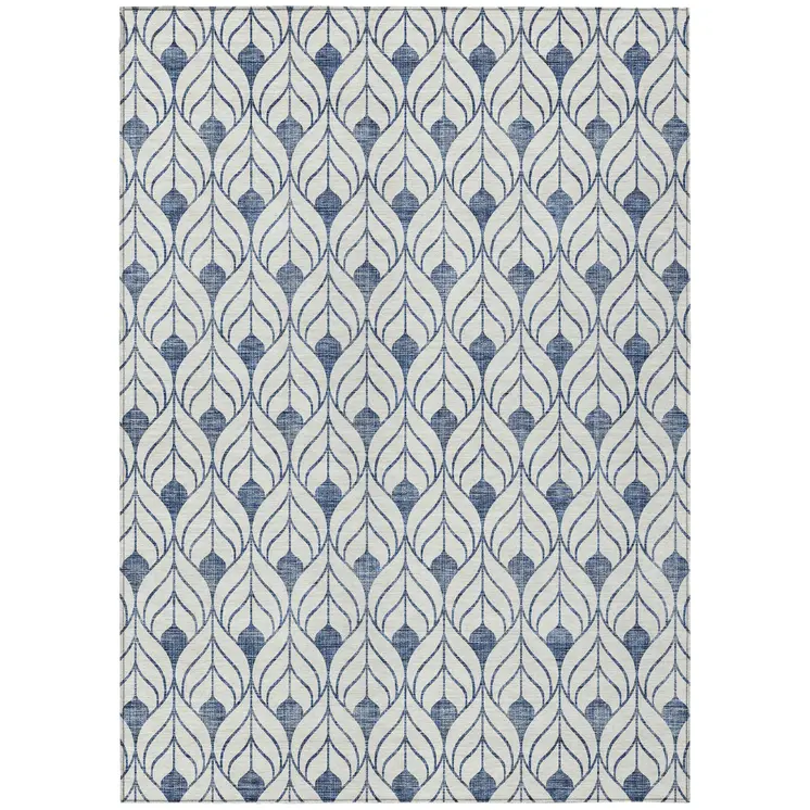 5' X 8' Blue And Ivory Geometric Washable Indoor Outdoor Area Rug