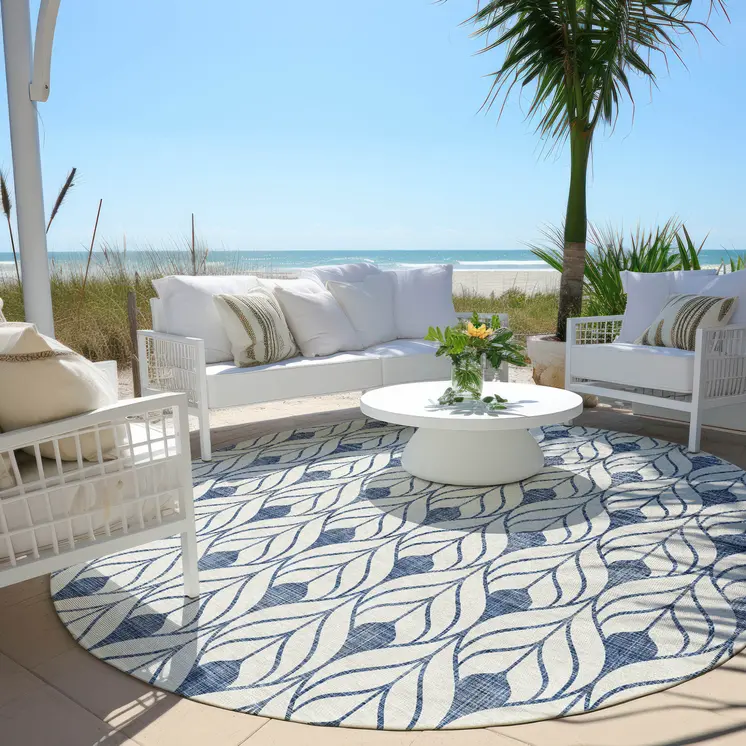 8' Blue And Ivory Round Geometric Washable Indoor Outdoor Area Rug