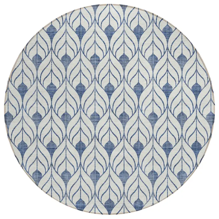 8' Blue And Ivory Round Geometric Washable Indoor Outdoor Area Rug