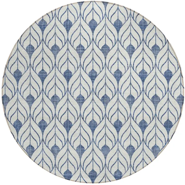 8' Blue And Ivory Round Geometric Washable Indoor Outdoor Area Rug