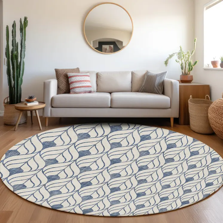 8' Blue And Ivory Round Geometric Washable Indoor Outdoor Area Rug