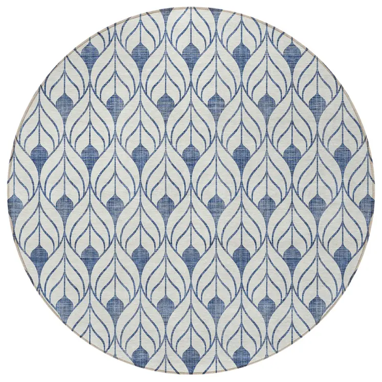 8' Blue And Ivory Round Geometric Washable Indoor Outdoor Area Rug
