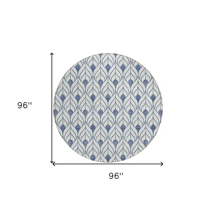 8' Blue And Ivory Round Geometric Washable Indoor Outdoor Area Rug