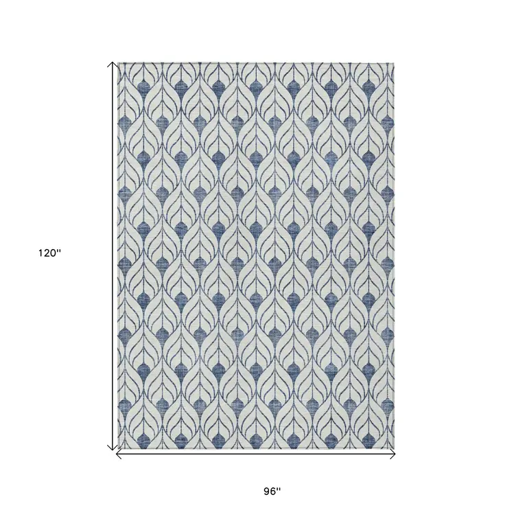 8' X 10' Blue And Ivory Geometric Washable Indoor Outdoor Area Rug