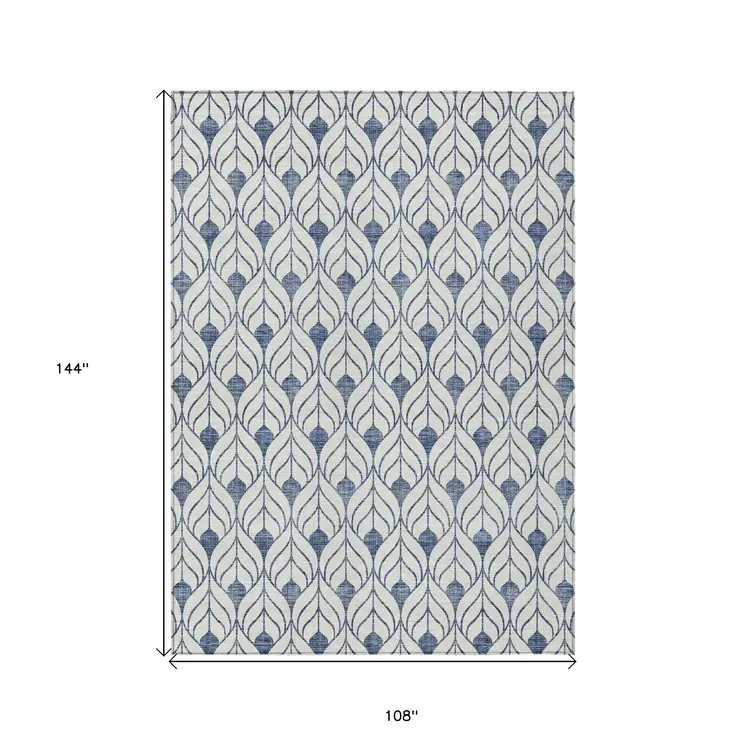 9' X 12' Blue And Ivory Geometric Washable Indoor Outdoor Area Rug