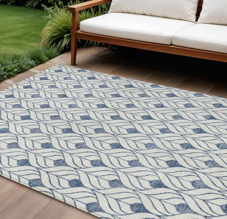 9' X 12' Blue And Ivory Geometric Washable Indoor Outdoor Area Rug