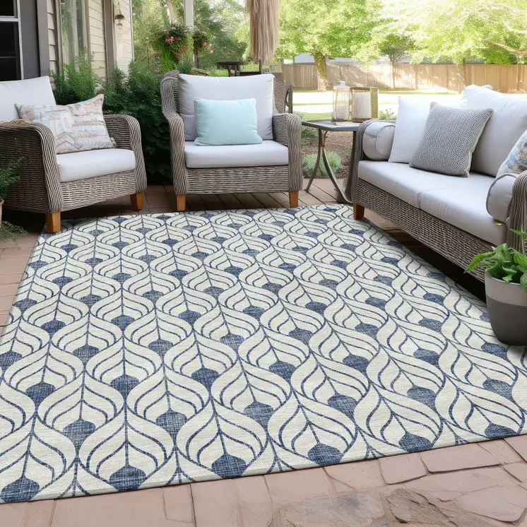 9' X 12' Blue And Ivory Geometric Washable Indoor Outdoor Area Rug