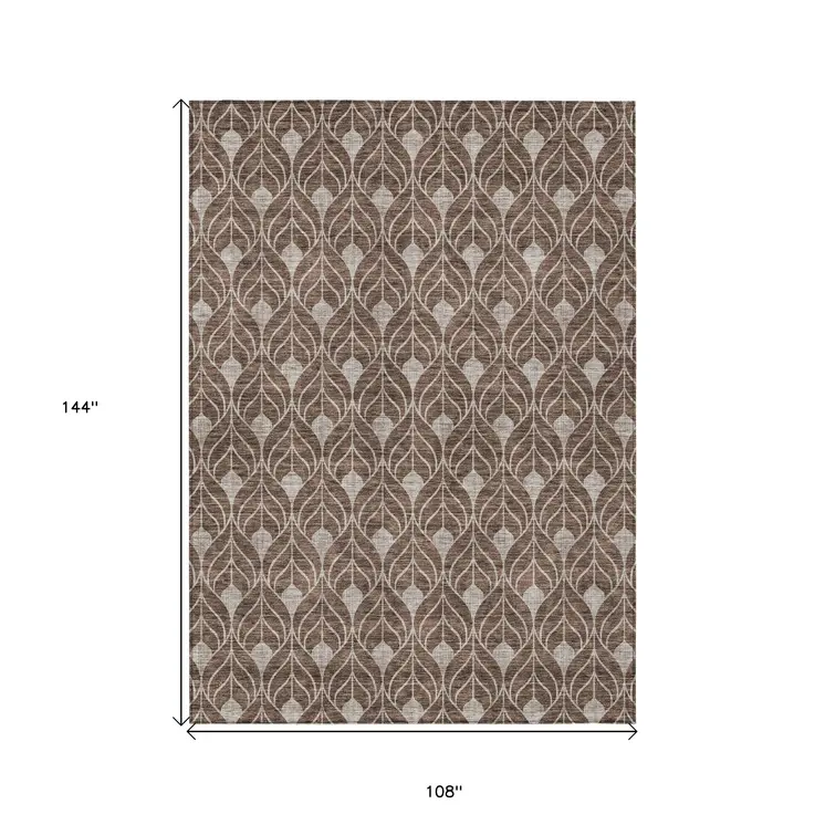 9' X 12' Chocolate And Beige Geometric Washable Indoor Outdoor Area Rug