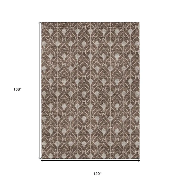 10' X 14' Chocolate And Beige Geometric Washable Indoor Outdoor Area Rug
