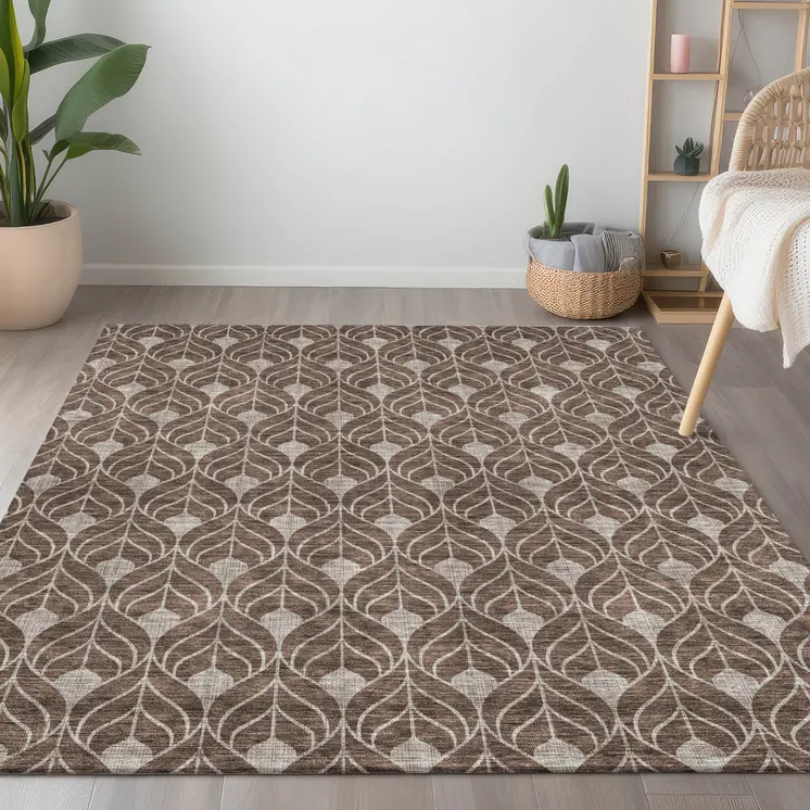 10' X 14' Chocolate And Beige Geometric Washable Indoor Outdoor Area Rug