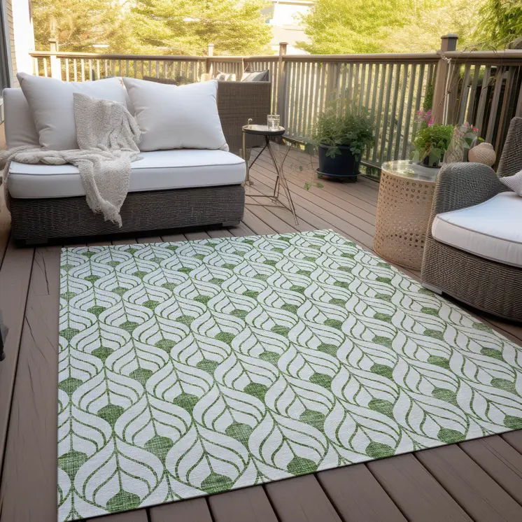 3' X 5' Green And Ivory Geometric Washable Indoor Outdoor Area Rug