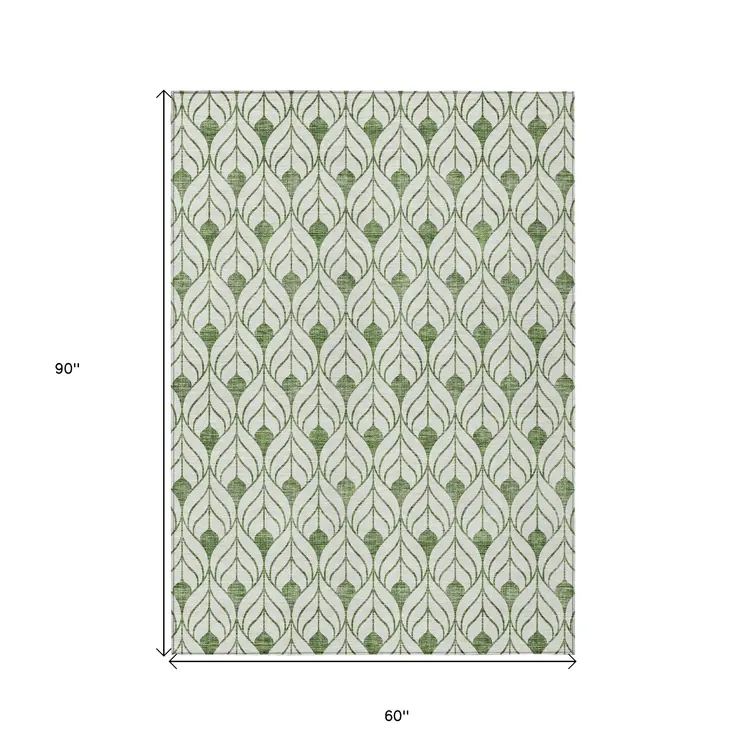 5' X 8' Green And Ivory Geometric Washable Indoor Outdoor Area Rug