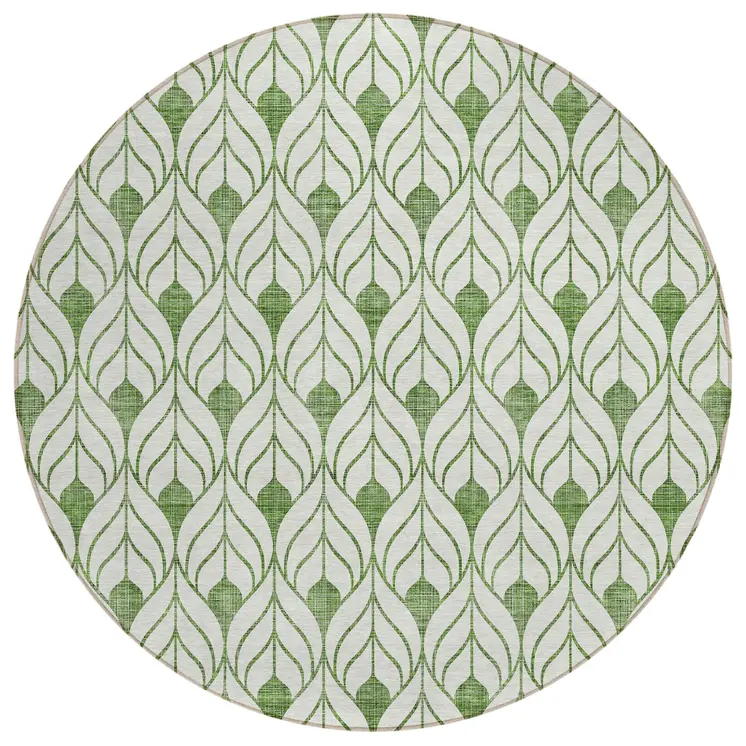 8' Green And Ivory Round Geometric Washable Indoor Outdoor Area Rug