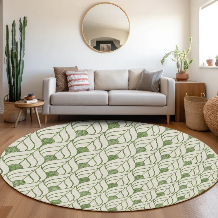 8' Green And Ivory Round Geometric Washable Indoor Outdoor Area Rug
