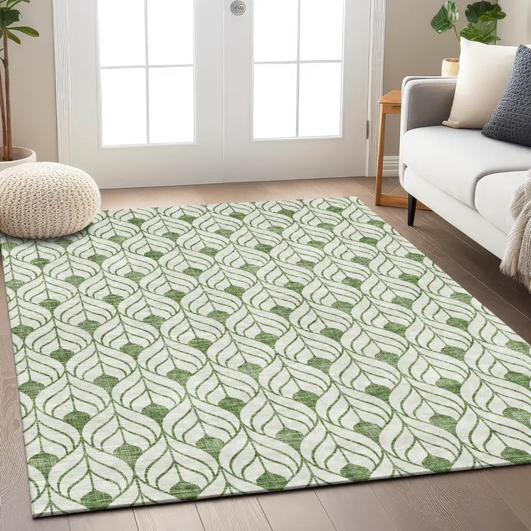 8' X 10' Green And Ivory Geometric Washable Indoor Outdoor Area Rug