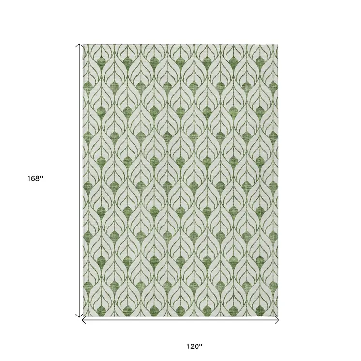 10' X 14' Green And Ivory Geometric Washable Indoor Outdoor Area Rug