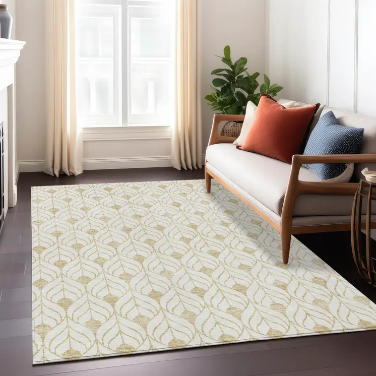 3' X 5' Gold And Beige Geometric Washable Indoor Outdoor Area Rug