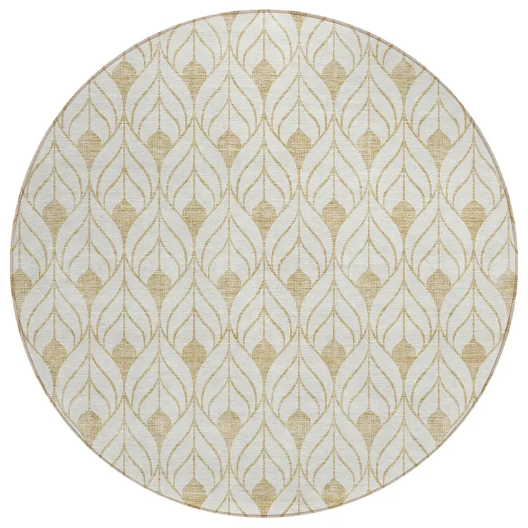 8' Gold And Beige Round Geometric Washable Indoor Outdoor Area Rug