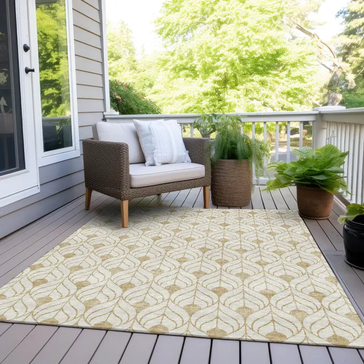 8' X 10' Gold And Beige Geometric Washable Indoor Outdoor Area Rug