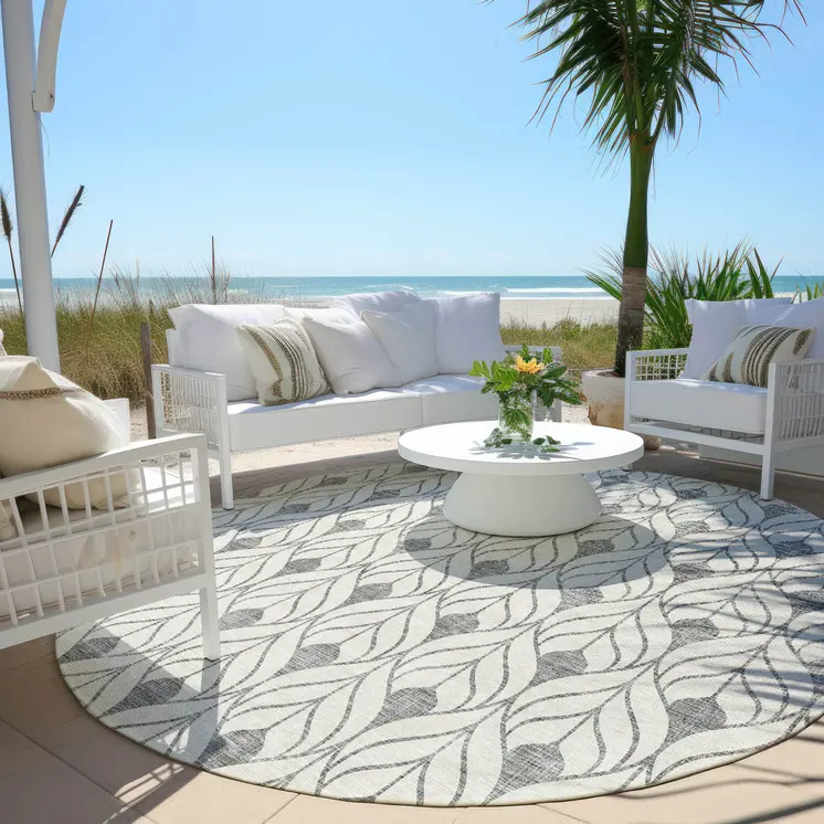 8' Gray And Ivory Round Geometric Washable Indoor Outdoor Area Rug