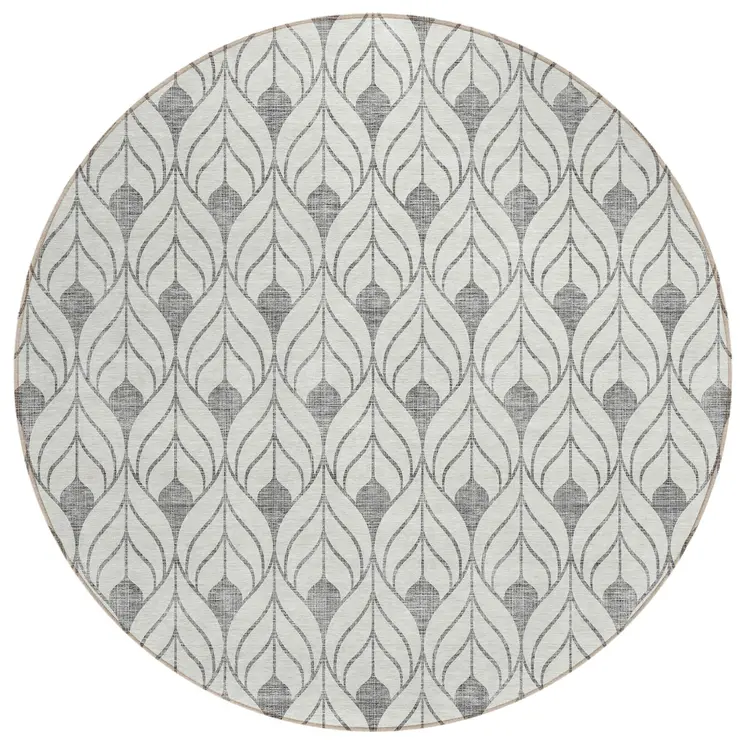 8' Gray And Ivory Round Geometric Washable Indoor Outdoor Area Rug
