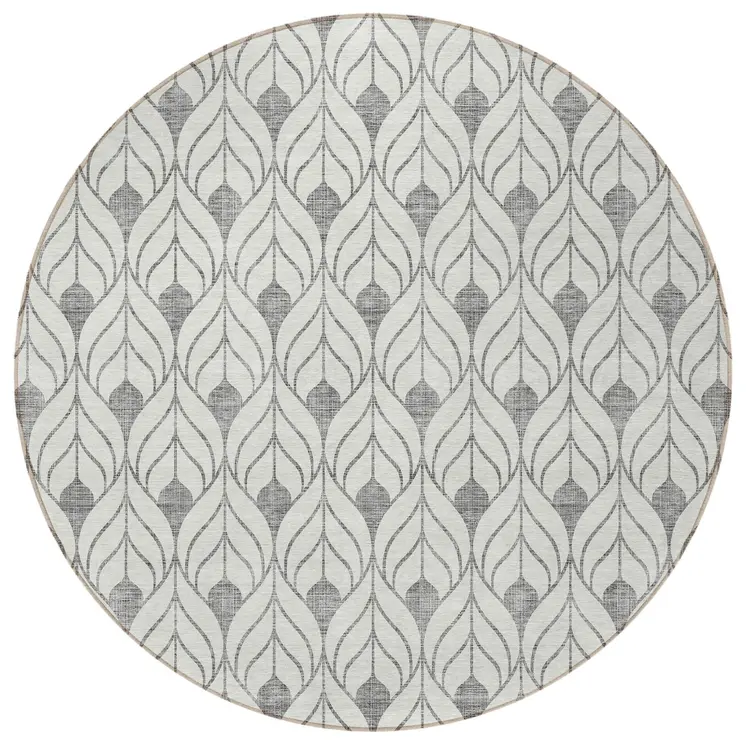 8' Gray And Ivory Round Geometric Washable Indoor Outdoor Area Rug