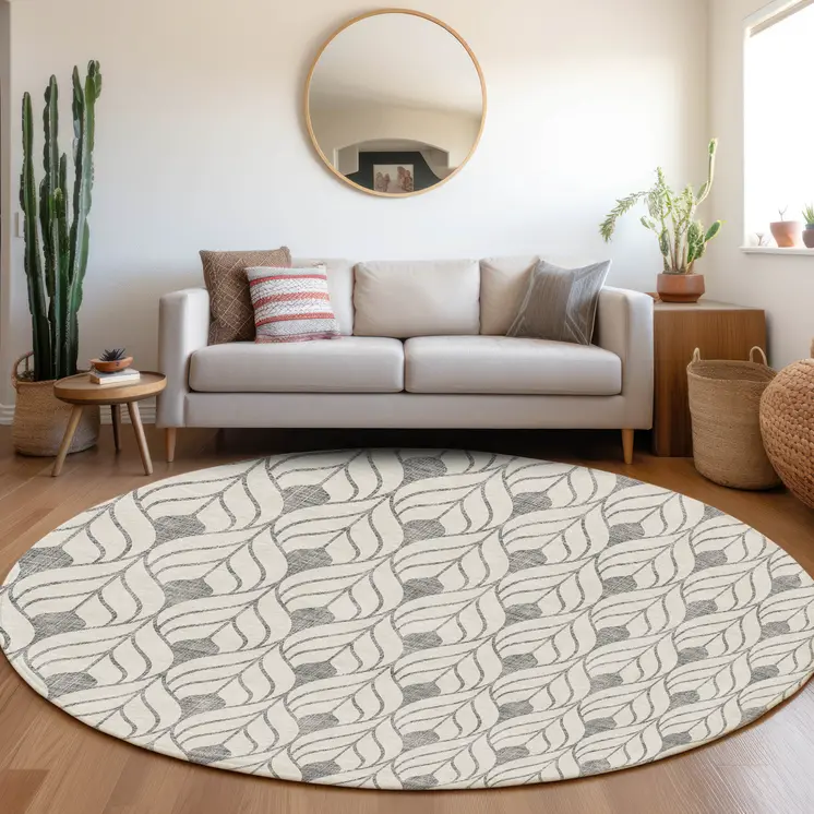 8' Gray And Ivory Round Geometric Washable Indoor Outdoor Area Rug