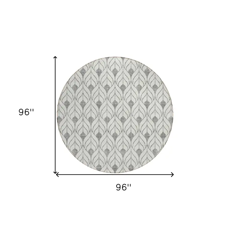 8' Gray And Ivory Round Geometric Washable Indoor Outdoor Area Rug