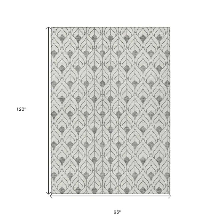 8' X 10' Gray And Ivory Geometric Washable Indoor Outdoor Area Rug