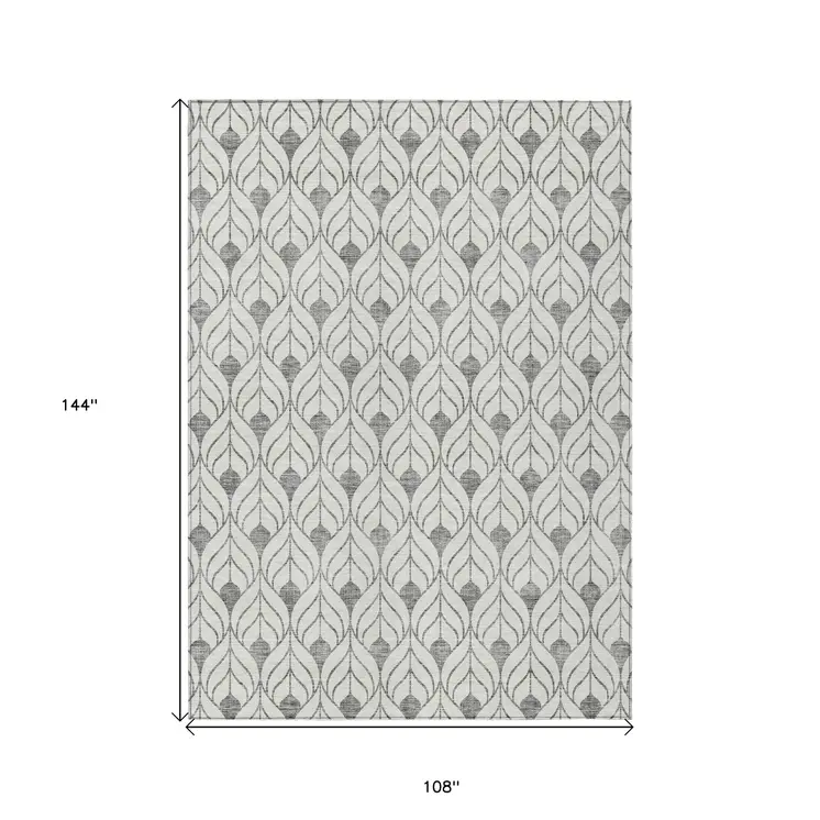 9' X 12' Gray And Ivory Geometric Washable Indoor Outdoor Area Rug