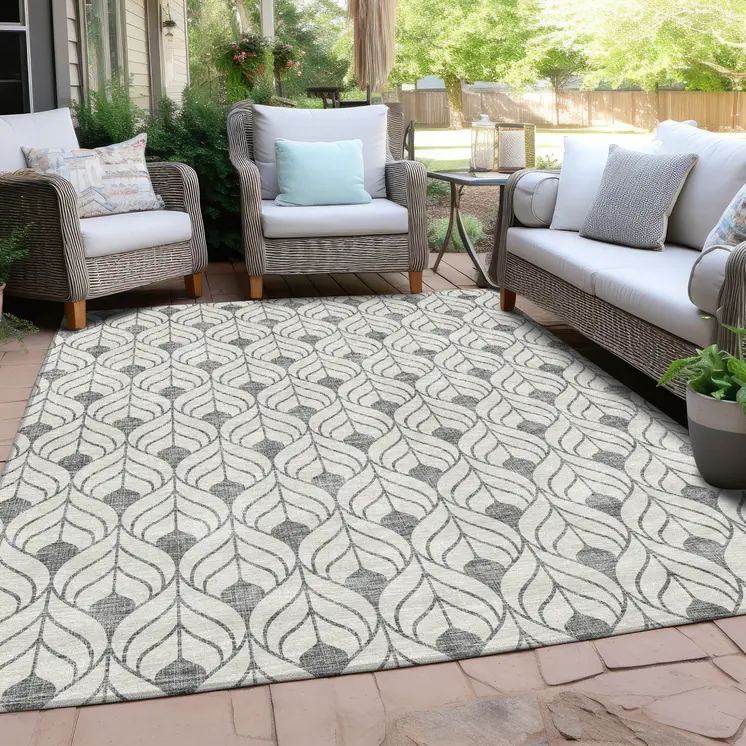 10' X 14' Gray And Ivory Geometric Washable Indoor Outdoor Area Rug