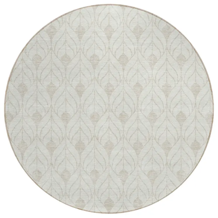 8' Ivory And Beige Round Geometric Washable Indoor Outdoor Area Rug
